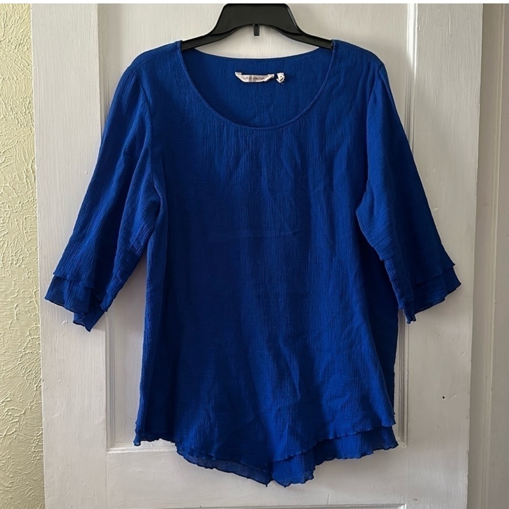 Soft Surroundings Boho Blue Scoop Neckline 3/4 Sleeves Gauze Blouse Top